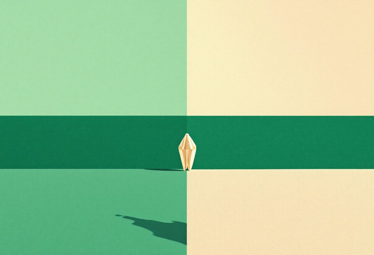 Dos planos de color separados por una sola línea de horizonte. Salir fuera es cruzar un borde, no cambiar de identidad.